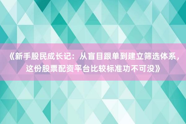 《新手股民成长记：从盲目跟单到建立筛选体系，这份股票配资平台比较标准功不可没》